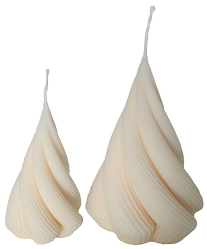 CÔEM - 2er Set Handgemachte Wirbel-Weihnachtsbaum Kerze aus Rapswachs (Naturwachs) „Klein & Groß feine Rillen“ - Kerzen Weihnachtsbaum Form in Weiß für Weihnachten mit Baumwolldocht (52g/129g)