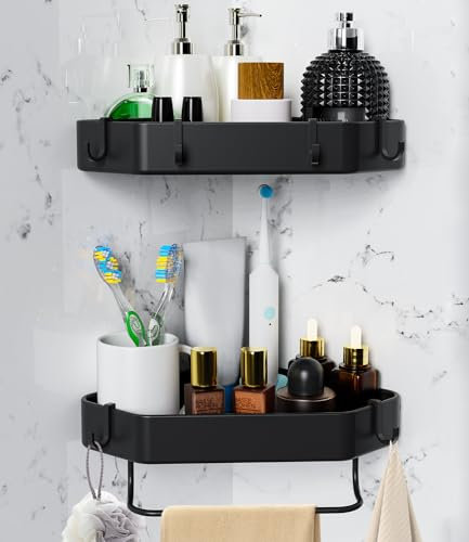 Estantería Ducha y Baño sin Taladro, Rinconera Acero Inoxidable, 2 Piezas, Negra Autoadhesiva para Ducha y Baño