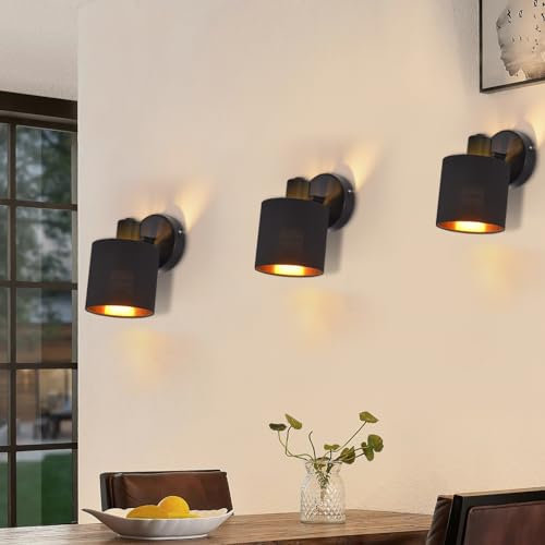 Glitzerlife Wandleuchte Innen Wandstrahler Vintage - 3ER Schwarz Wandlampe Wandspot Retro E14 Schwenkbar Wandbeleuchtung Wand Lampen Industrial Stoffschrim MAX.40W für flur Küche ohne Leuchtmittel