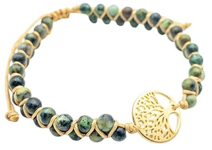AusTree Lebensbaum Armband – Geschenk für Damen, Mutter, Tochter, Mädchen - Yoga Jaspis Edelstein Perlenarmband Anhänger Spirituell & Glücksbringer – Perlen Schmuck grün– 16 – 24cm