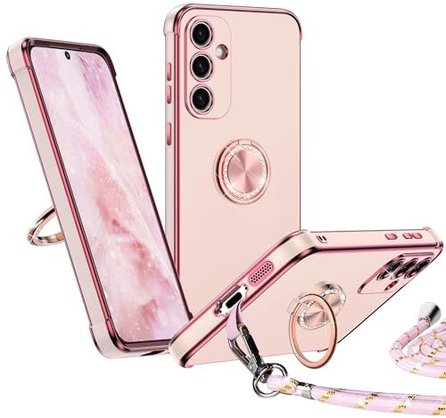 Keteen Coque avec Cordon pour Samsung Galaxy A55 5G, Coque pour Samsung A55 5G avec 360° Anneau Support Magnétique TPU Housse Antichoc avec Cordon Collier Réglable Case Étui pour Samsung A55 5G, Rose
