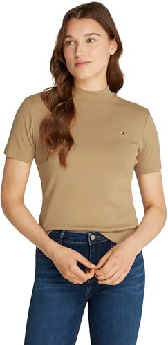 Tommy Hilfiger Damen T-Shirt Kurzarm Slim Cody Crop Mock-Kragen, Beige (Safari Canvas), L