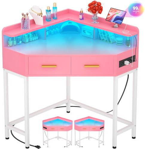 Cyclysio Scrivania angolare senza specchio, tavolo da trucco con luci e prese di corrente, piccolo mobile angolare con cassetti per camera da letto, piccoli spazi, rosa