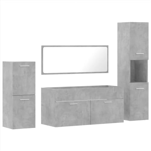 vidaXL 4 Piece Bathroom Furniture Set - Concrete Grey Engineered Wood - Wall-Mounted Cabinets/Mirror - Ample Storage