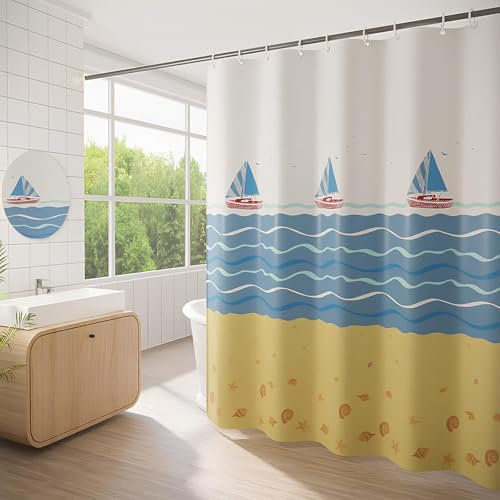 Pinkrin Rideau de douche, 180 x 200 cm, anti-moisissure et imperméable, avec poids et motif mer