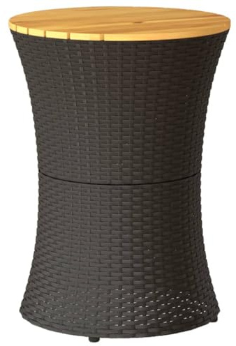 Makastle Garten Beistelltisch rund Balkontisch Couchtisch Sofatisch Kleiner Tisch für Garten Balkon Terrasse, Trommelform Schwarz Poly Rattan Massivholz