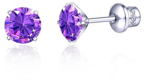 TitanHeart G23 Titan CZ Ohrstecker, Hypoallergen F136 Implantat Grad Titan Schraube Zurück Simuliert Diamant Ohrringe für Empfindliche Ohren, 6mm 5A Cubic Zirkonia Ohrstecker für Damen(Lila)