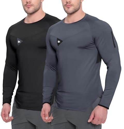 BROKIG Mens Armzip Long Sleeve Running Tops, 2 Pack Gym Sports Shirts Compression Training T Shirts with Zip Pocket (XX-Large, Black+Dark Grey)