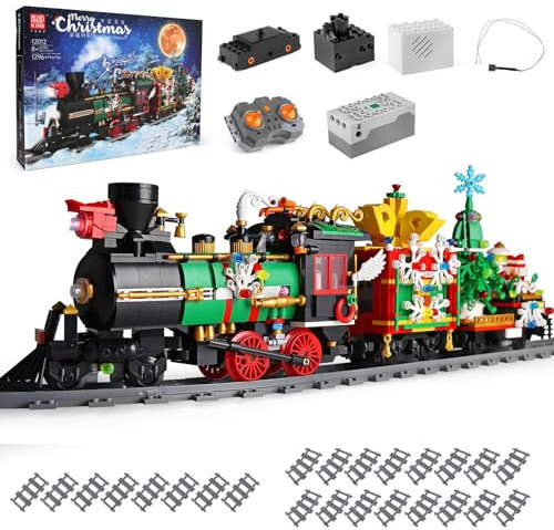 Mould King 12012 Technik Weihnachtszug Beleuchtung Bauklötze Modell, 1296 Teile Ferngesteuerte Dampflokomotive Baustein Set, Weihnachtliches Spielzeuggeschenke für Erwachsene und Junge 8+