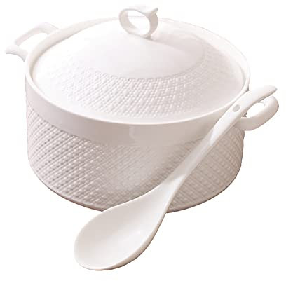 Ciotole da zuppa in ceramica bianca con coperchio e mestolo – Terrina per zuppa a doppio manico per ristorante cucina casa