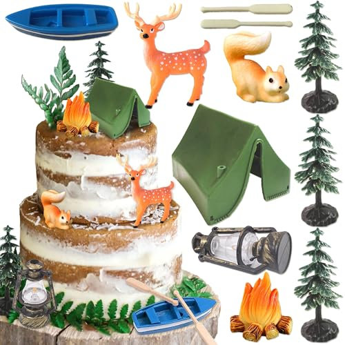 Roaring Good Time Camping Kuchen Dekoration Camp Deco Lagerfeuer Kanu Baum Eichhörnchen Hirsch Dekoration Camping geburtstagstorte für Sommer Camping Picknick Wandern Abenteuer Party