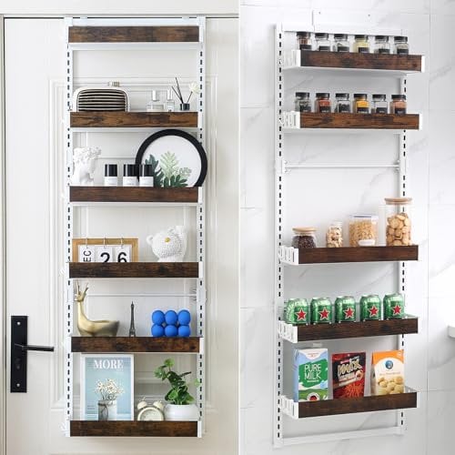 ELEV8N Over The Door Organizer - 6-Tier Pantry Organizer & Storage Shelf, Wooden Spice Rack with 12 Hooks, Multipurpose Behind Door Storage Solution for Kitchen, Bathroom, or Closet Wall Mount Use