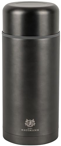 KARL HAUSMANN Thermobehälter für Essen aus Edelstahl, 1.2 L in Schwarz | Vakuumisolierung, 8 cm breite Öffnung, Druckknopfverschluss, Deckel als Schale, für warme und kalte Speisen
