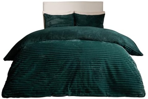 OHS Superking Fleece Bedding Ribbed, Fluffy Teddy Bedding Covers Ultra Soft Fluffy Winter Bedding with Pillowcases Ribbed Faux Fur Quilt Covers King Size - Forest Green