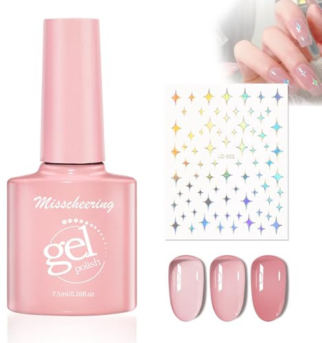 Jelly Pink Gel Nail Polish - Transparent Pink UV Gel Nail Polish with Nail Rhinestones, Long-Lasting Shine for Women Home Nail DIY Manicure
