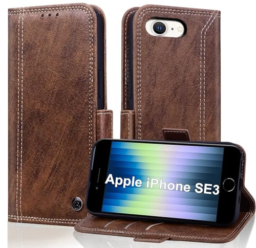 Vkooer Mobile Phone Case for iPhone SE 2022/SE 2020/iPhone 8/iPhone 7/iPhone 6S/iPhone 6, Leather Case Protective Cover [Foldable Stand Card Slot] [RFID Protection] Flip Case Wallet Case Cover, Brown