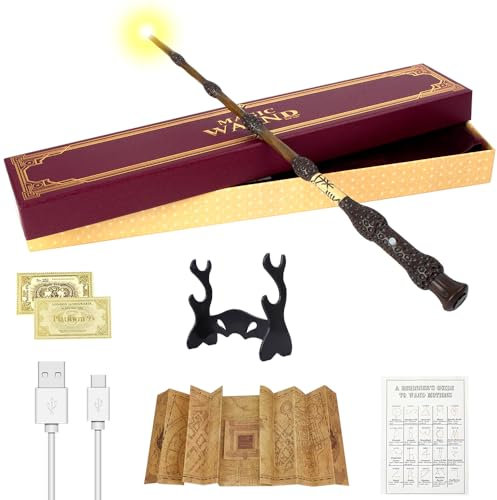 CJBIN Elder Wand, 38CM Dumbledore Wand Light Up, USB Charging Elder Wand Harry, Magic Dumbledore Wand in Gift Box with Card, Station Ticket, Map, and Holder