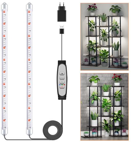 Lampada per piante a 2 barre LED, luce per piante da interno, luce di crescita a spettro completo con timer di accensione/spegnimento automatico 6/12/18H, 5 livelli dimmerabili per piante grasse