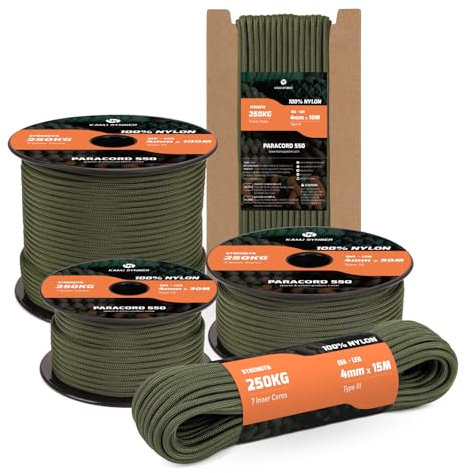 Kamu Synber 550 Paracord 4mm 30m Typ III Schnur 7 Stränge Nylon Seil Fallschirmschnur für Basteln, Outdoor, Camping, Survival | Tragkraft 250kg | Armeegrün