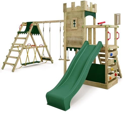 Fatmoose Aire de Jeux Château Fort BoldBaron Boost XXL avec SurfSwing, balançoire & Toboggan Vert, extérieur Enfants Tour d'escalade avec bac à Sable échelle & Accessoires de Jeux