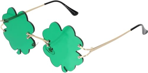 Heanvmyss St Patricks Day Brille,Patrick's Day Sonnenbrille,Vierblättrige Kleeblatt-Brille,Leprechaun Kostüm Brille Metall Rahmen,Lustige Brillen Sonnenbrillen für Damen Herren(Dunkelgrün)