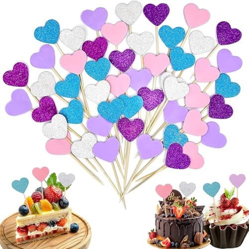 Muffin Deko,50 Stück Muffin Dekorationen,Herzen Cupcake Topper,Glitzer Cupcake Picks Geburtstag für Torte Tortendeko Geburstagstorte für Hochzeitsgüter,Brautbabypartysticks,Neujahrsparty