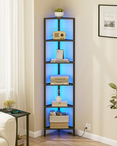 TUTOTAK Corner Shelf with LED Light, 6-Tier Corner Bookshelf for Small Space, Narrow Display Corner Shelf Stand with Storage Rack, for Living Room, bedroom, Black BS05BK006LEU