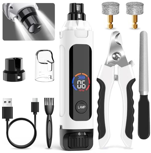 Dog Nail Grinder 6-Speed with LED Display, Dog & Cat Nail Clippers and Trimmers, Pet Nail Grinder with 2 LED Lights - Super Quiet Rechargeable Claw Trimmer for Large Medium Small Puppy Dogs/Cats