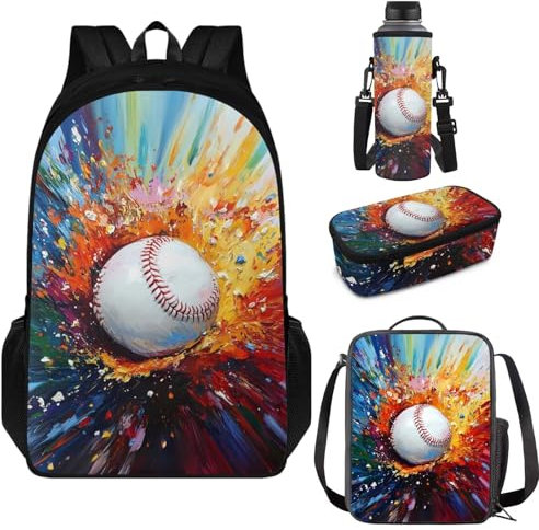 Aplkyhs Sac à dos pour filles du collège Sac à déjeuner à bandoulière avec porte-bouteille d'eau et trousse à crayons, baseball, taille unique