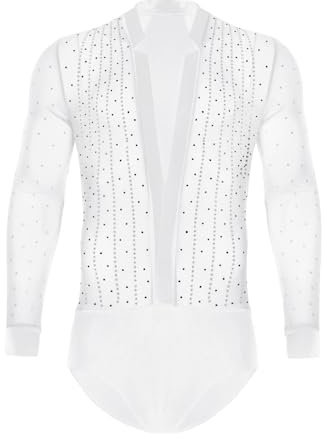 CHICTRY Hemd Body Herren Latein Einteiler Turnanzug Glitzer Strass Samba Rumba Jumpsuit Langarm Overall Mit Tief V-Ausschnitt Weiß L
