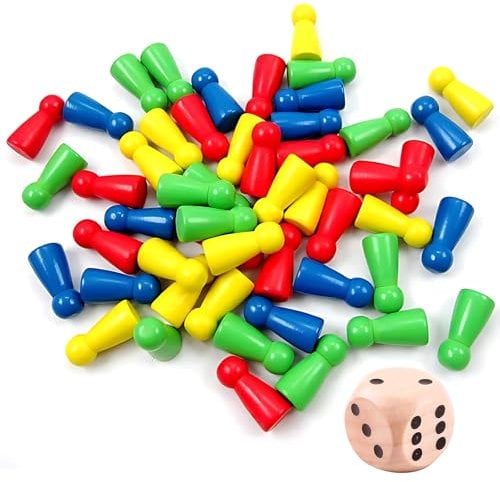 kaiyaya 102 Pièces Pions de Jeu en Bois, Set de Pions Contient 96 Cônes Colorés et 6 Dés, Figurines de Jeu Colorées, Pions en Bois pour colorées Jeux de Société (Rouge, Bleu, Jaune, Vert)