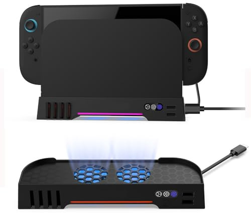 Hesupy Cooling Fan Stand for Switch 2 Console, Heat Dissipation Dock Base Cooler Bracket with Dual-Fan, Hub Expansion, 3 Adjustable Speeds, 7 RGB Lighting Modes, 8 Game Card Slots