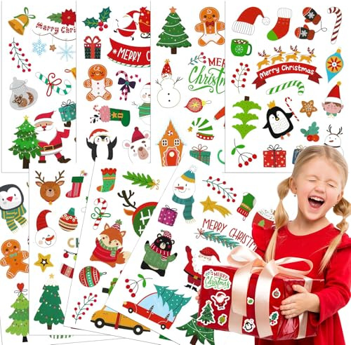 128 Pezzi Adesivi Natalizi per Pacchetti, FUKPO Adesivi Natale Scrapbooking Stickers Natalizi, Sticker Natale Bambini Barattoli di Vetro Babbo Albero Pupazzo di Neve Fiocco di Neve Renna
