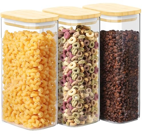 Fulfun 1700ML Glass Jars with Bamboo Lids, 3pcs Air Tight Kitchen Food Cereal Containers for Storage,Canister Set for Jam Pasta Spaghetti Tea Coffee Beans Cookie Snack Flour (1700ML)