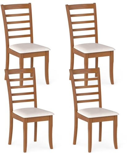 COSTWAY Esszimmerstühle 4er Set, Küchenstühle Holz, Esstisch Stühle mit gepolsterter Sitz, Holzstühle bis 150 kg belastbar, für Esszimmer, Küche (Beige)