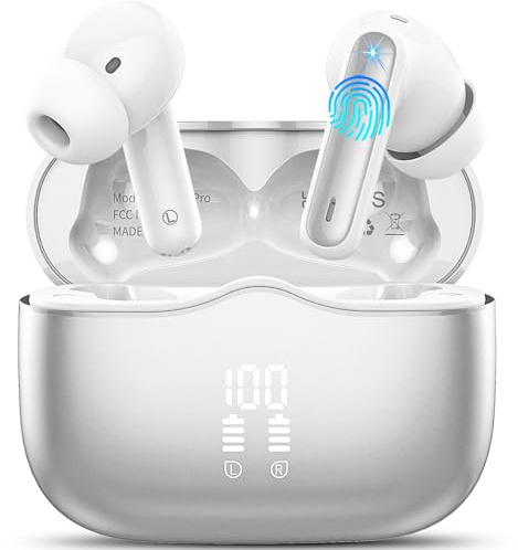 Cuffie Bluetooth 5.4 In Ear, Auricolari Bluetooth 3D Stereo con 4 Mics ENC Cancellazione Rumore, 40 Ore Cuffie Wireless LED USB-C, IP7 Impermeabili Cuffiette Senza Fili per iOS Android, Argento