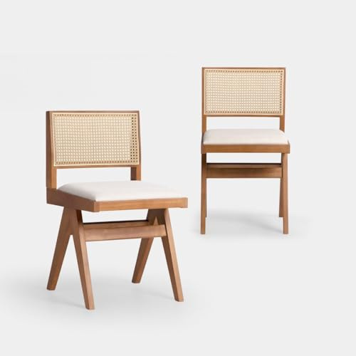 KLAST Pack 2 chaises de Salle à Manger Polyester, Bois d'hévéa, rotin Couleur Noyer