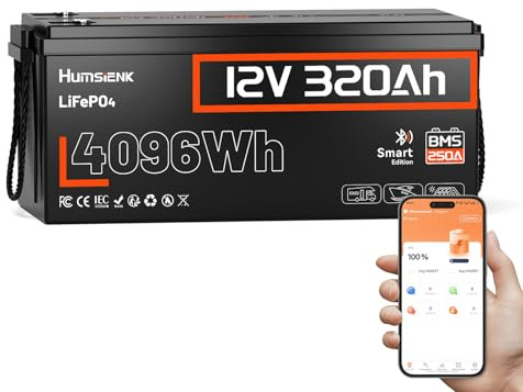 HumsiENK Batteria LiFePO4 12V 320Ah con Bluetooth – 4096Wh, BMS 250A con Protezione Bassa Temperatura, 15000 Cicli, Ultra Leggera per Camper, Barca e Impianti Solari – Espandibile fino a 65.5kWh