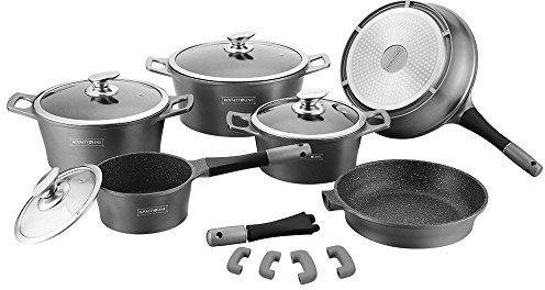 Royalty Line RL-ES1014M Steingut-Set: Töpfe, Pfannen und Lava-Roy-Deckel, für den professionellen und privaten Gebrauch, silberfarben, 14-teilig