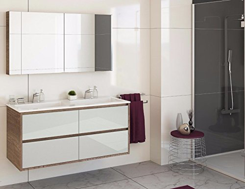 naka24 Badmöbel Set Cristal 120 cm Badezimmer MIT DOPPELWASCHBECKEN Eiche/GRAU (Waschtisch Spiegelschrank)