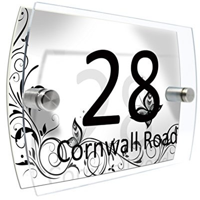 Personalised House Number Sign Printed Plaque Garden Glass Effect Acrylic Sign Door Plate Marble Wall Display 2 Part Branded Acrylic (Vintage Wedding)
