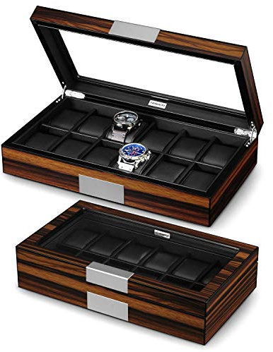Lifomenz Co 12 Uhrenbox für Herrenuhren aus Holz, luxuriöse Uhrenbox mit großem Glasfenster, Uhrenbox mit ultraglattem PU-Leder innen