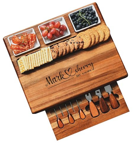 Shanik Käsebrett mit schwarzer Schieferklinge und 3 Edelstahl-Besteck-Set, Akazienholz Charcuterie Brett und Käse-Servierplatte, einzigartiges, handgefertigtes Design mit 3 Keramikschalen