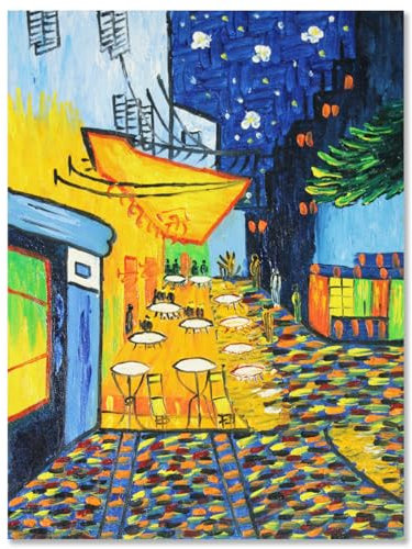 Fokenzary Peinture à la main Café Terrasse Reproduction de Vincent Van Gogh abstrait Tableau sur toile murale encadrée prête à accrocher, 12x16in
