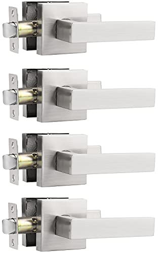 Probrico 4 Pack Square Interior Passage Door Lever for Hallway Stainless Steel Closet Two Sides Flat Reversible Door Handle with Latch Brushed Nickel