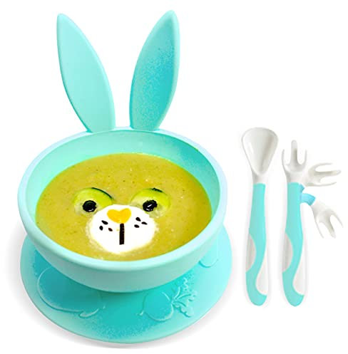 Brunoko Bols pour bébés avec ventouse - Set de vaisselle pour bébé (bol rose + cuillère) - Première vaisselle de bébé - Silicone sans BPA - Compatible avec lave-vaisselle et micro-ondes.