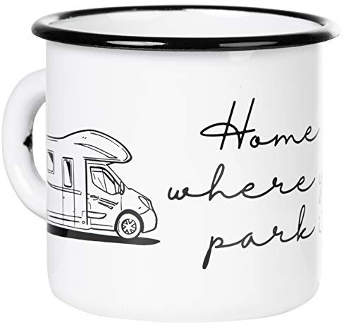 MUGSY Emaille Tasse, Home is where you park it, 330ml, Wohnmobil Alkoven, bruchfest, weiß