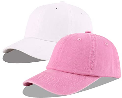 LANGZHEN Unisex Baseball Cap 100% Baumwolle Fits Männer Frauen Washed Denim Einstellbare Dad Hut (Pink+White, One Size)