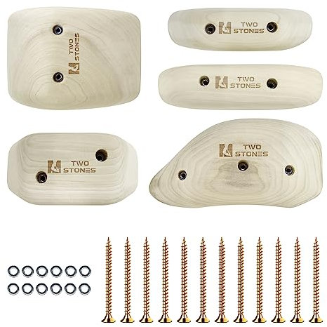 TWO STONES Wooden Rock Climbing Holds for Adults | Wood Rock Wall Climbing Holds | Variety Screw On Climbing Hold Grips Set with Mounting Hardware (HD5in1-B)