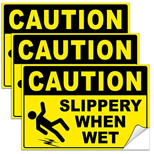 Caution Slippery When Wet Sign - 4 x 6 inches Vinyl Stickers Wet Floor Signs 3 Pack